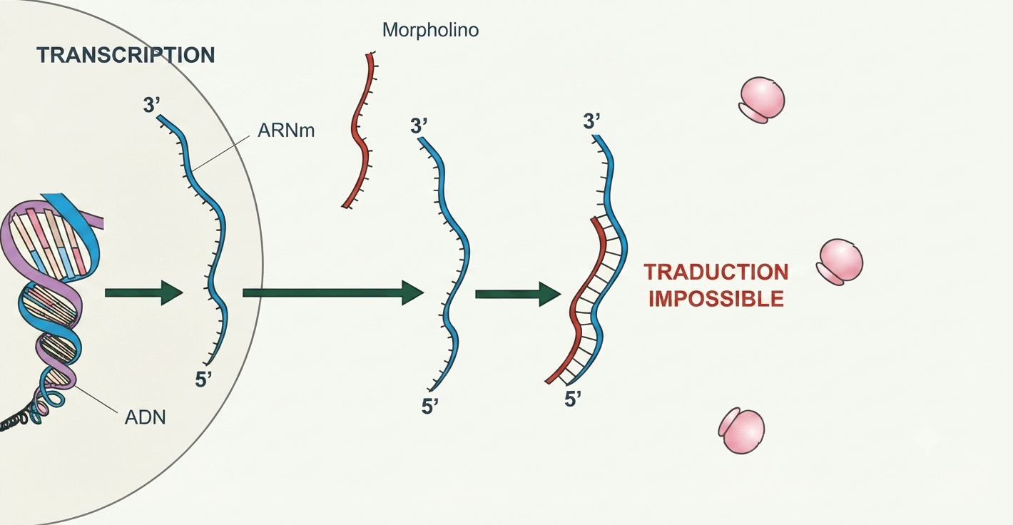 Morpholino : blocage de la traduction de l'ARNm par encombrement stérique