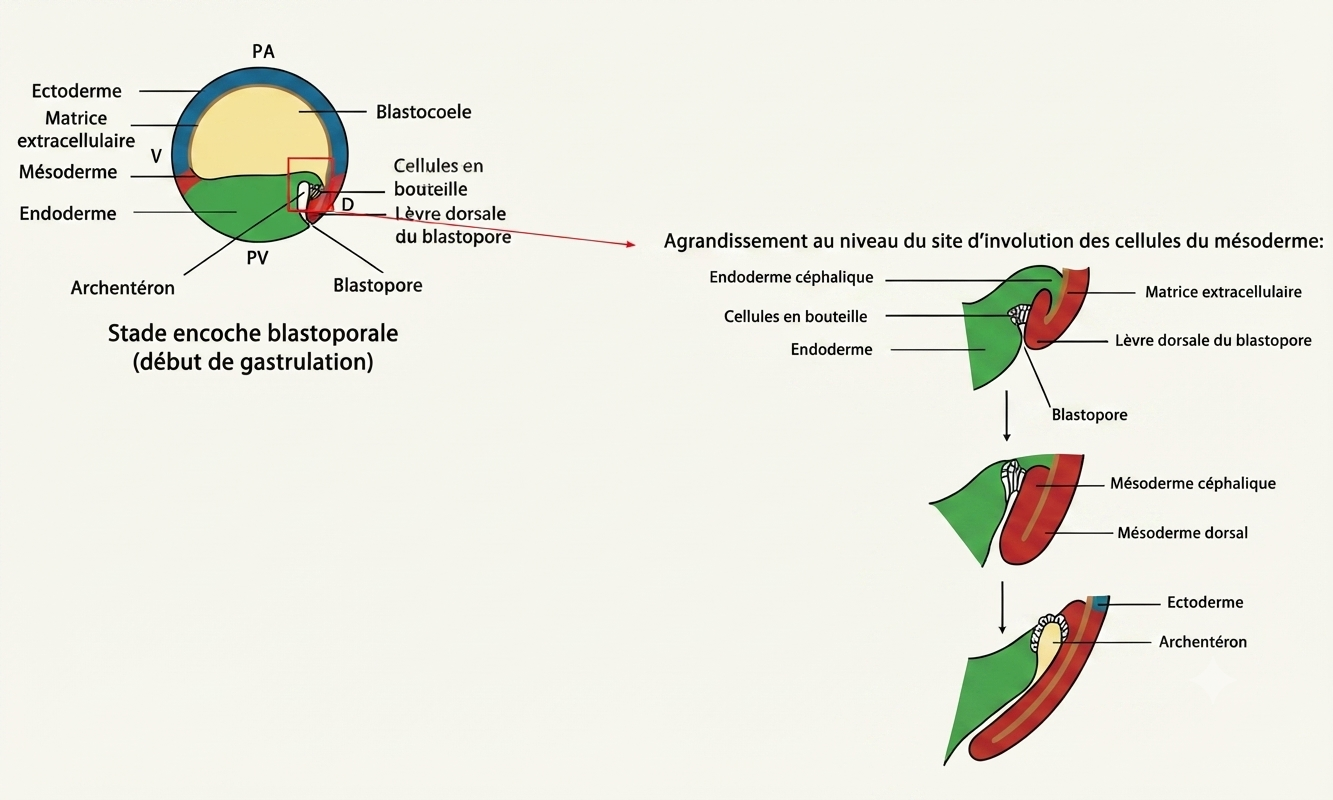 Involution des cellules du mésoderme par-dessus la lèvre dorsale du blastopore et migration le long du toit du blastocèle