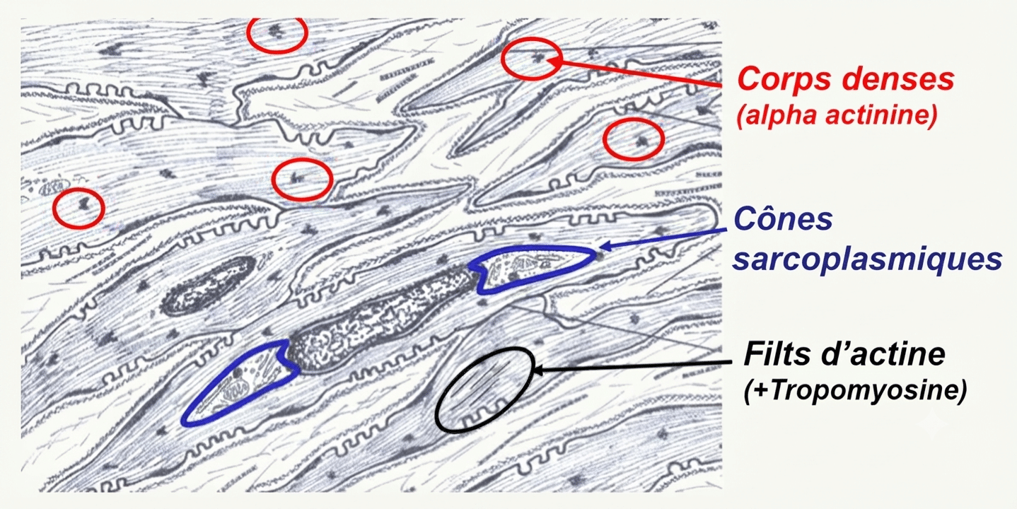 Cellule de muscle lisse et ses corps denses reliés par les filaments d'actine