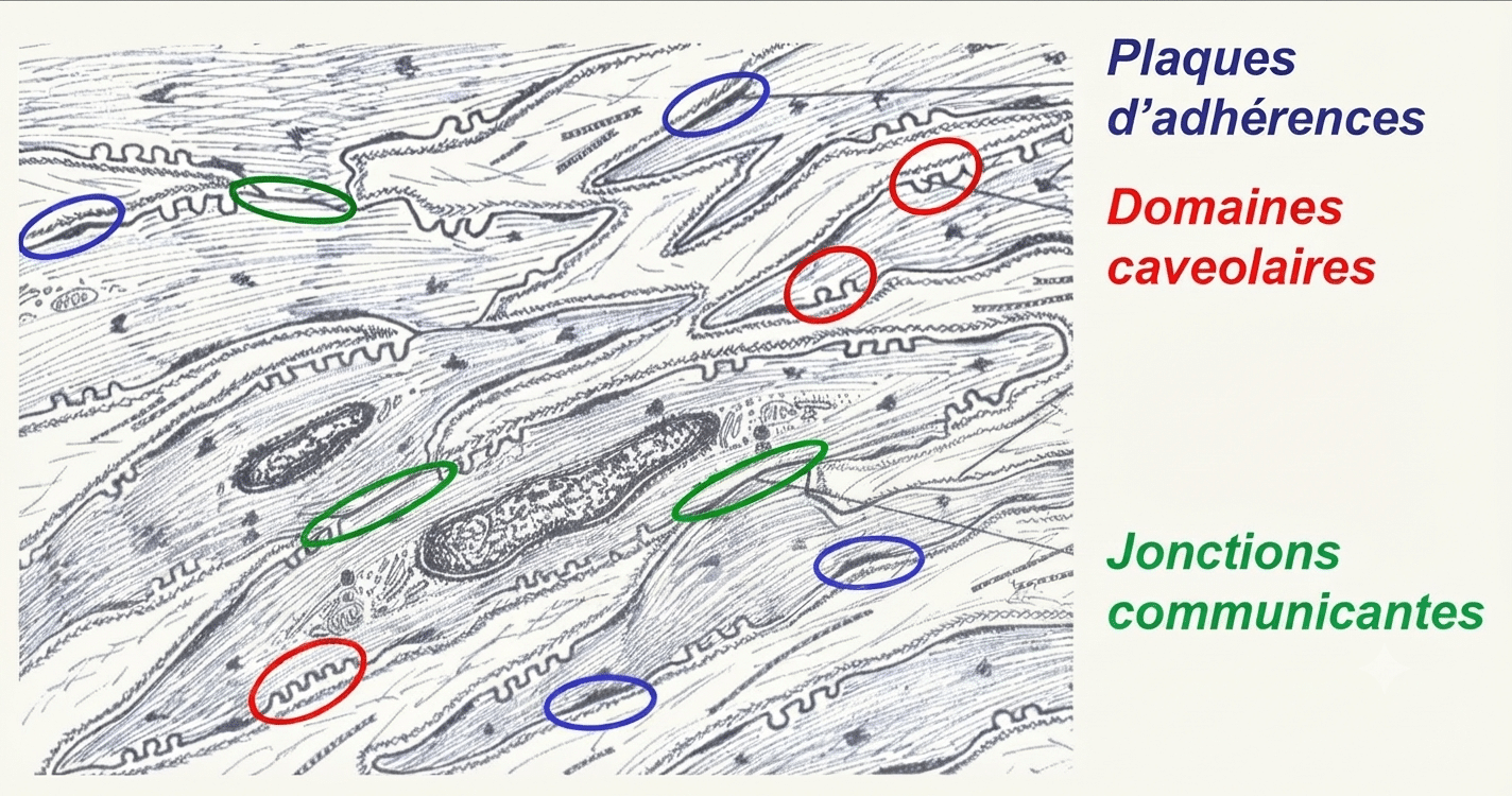Plaques d'adhérence, cavéoles et jonctions communicantes de la cellule de muscle lisse