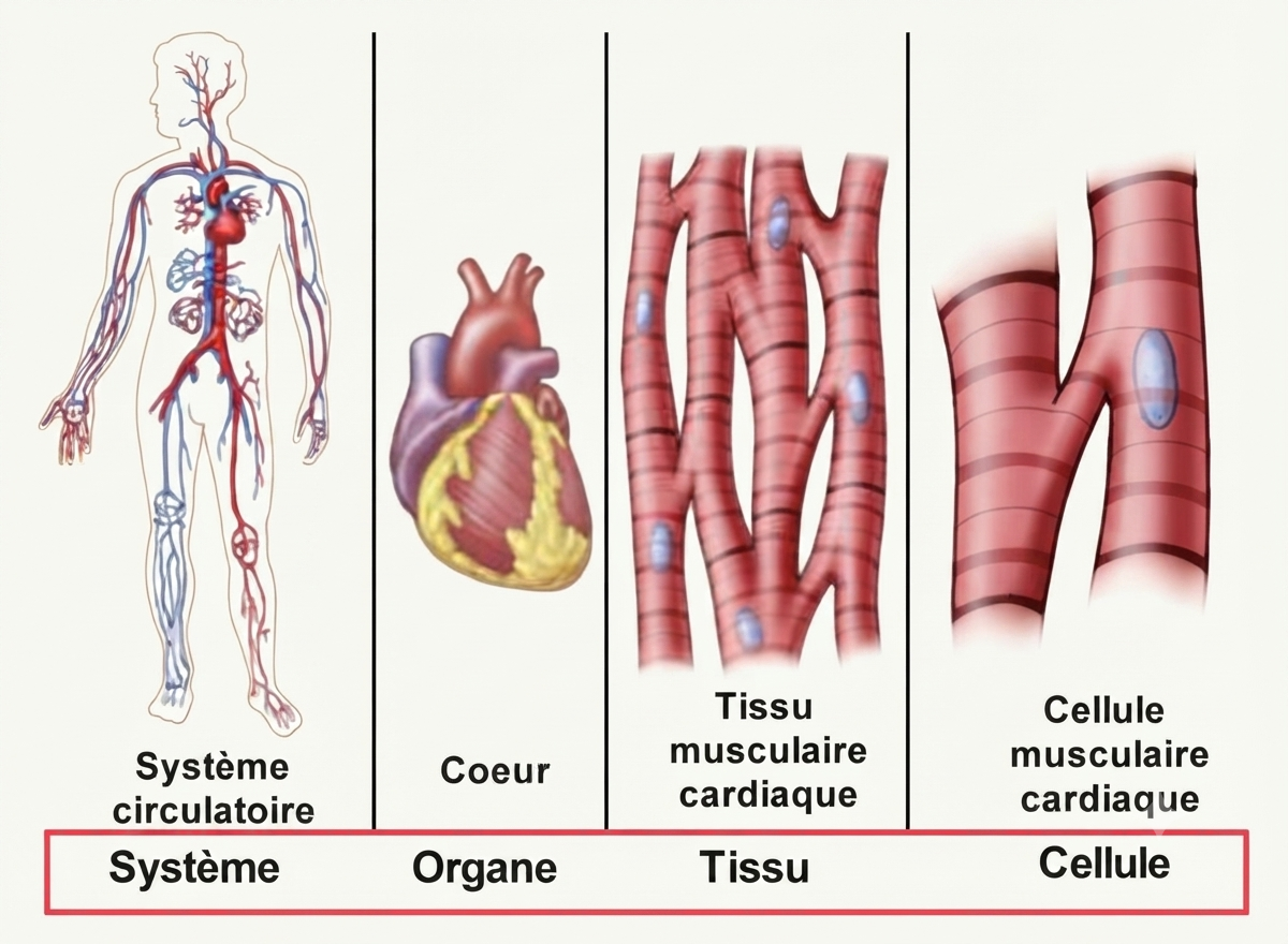 Niveaux d'organisation du vivant : du système à l'organe, au tissu puis à la cellule (exemple de l'appareil circulatoire)
