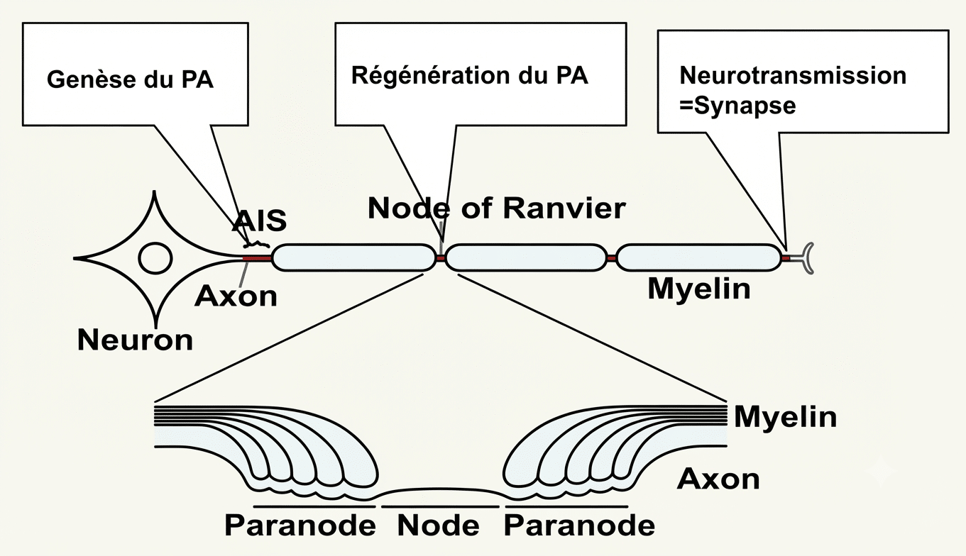 Conduction saltatoire du potentiel d'action de nœud de Ranvier en nœud de Ranvier