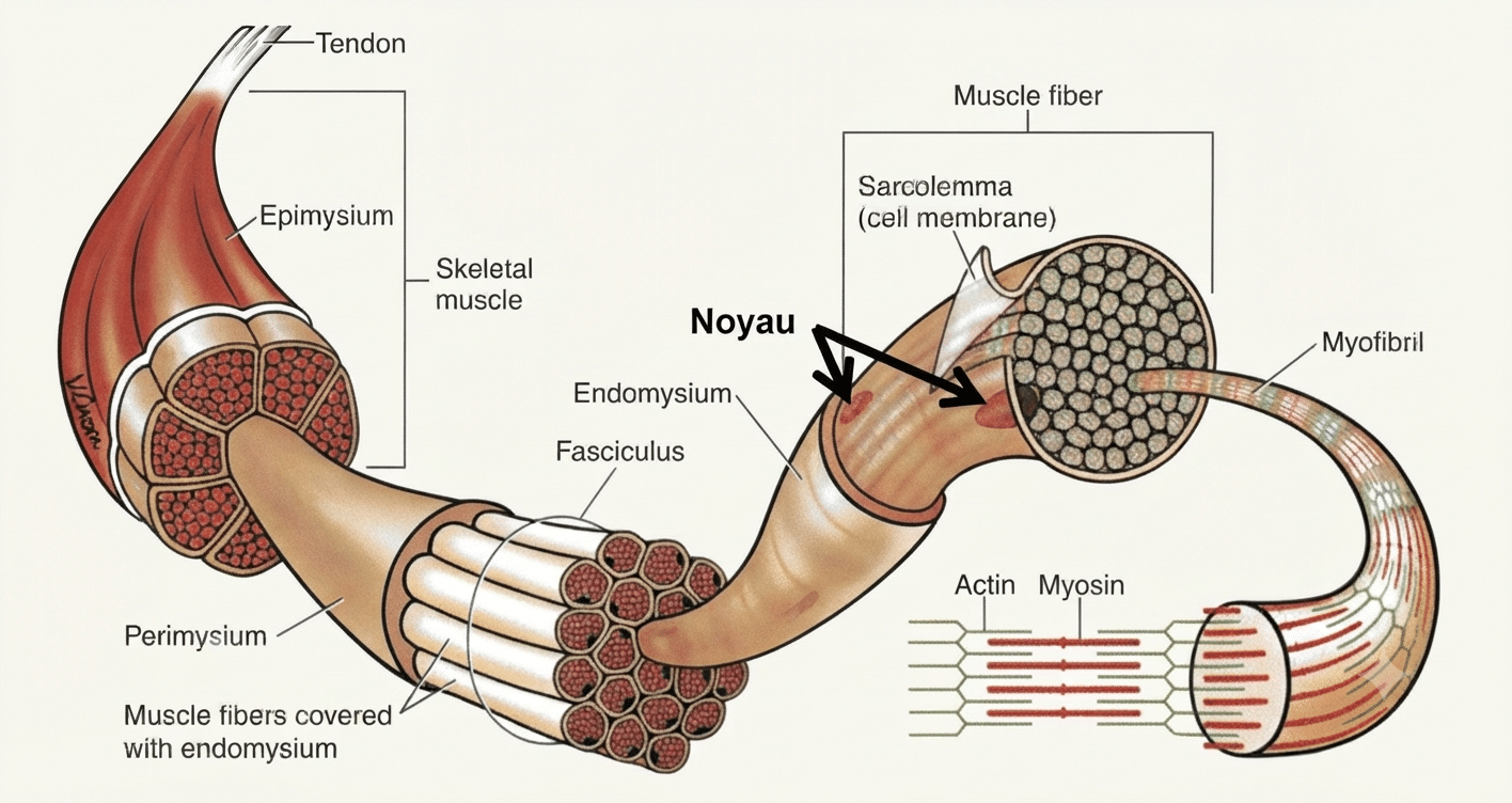Organisation du muscle squelettique, du muscle entier à la myofibrille, avec ses enveloppes conjonctives
