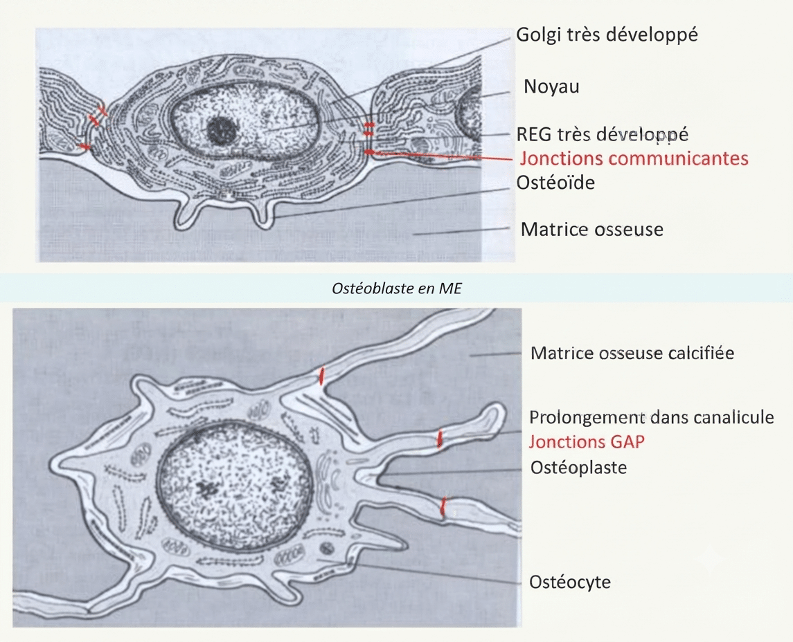 Ostéoblaste et ostéocyte en microscopie électronique, sécrétant et minéralisant l'ostéoïde