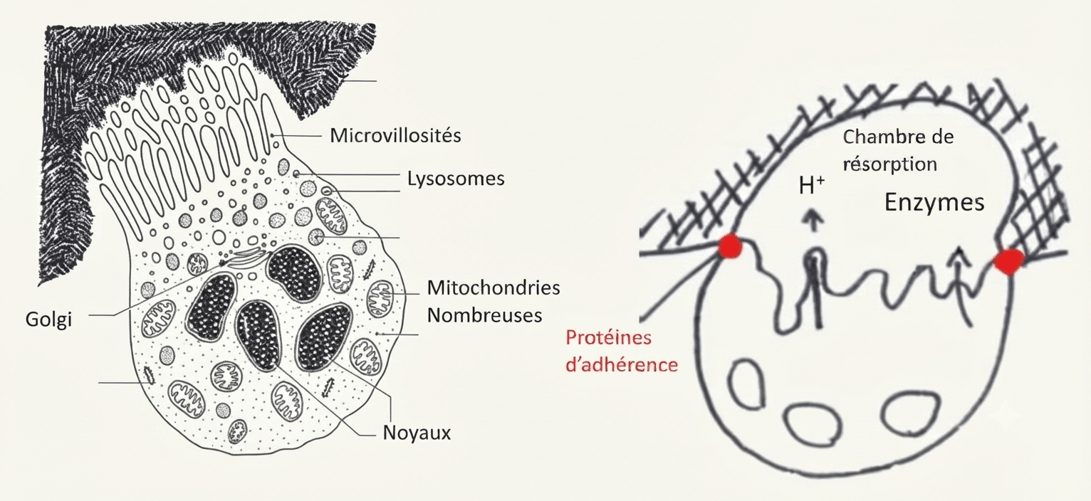 Ostéoclaste résorbant l'os par acidification et enzymes dans sa chambre de résorption