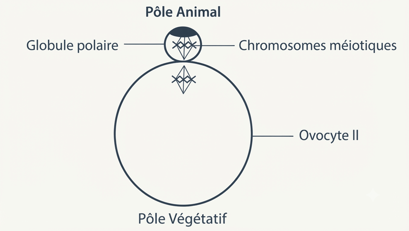 Œuf de xénope polarisé : pôle animal pigmenté et pôle végétatif dépigmenté (axe animal-végétatif)