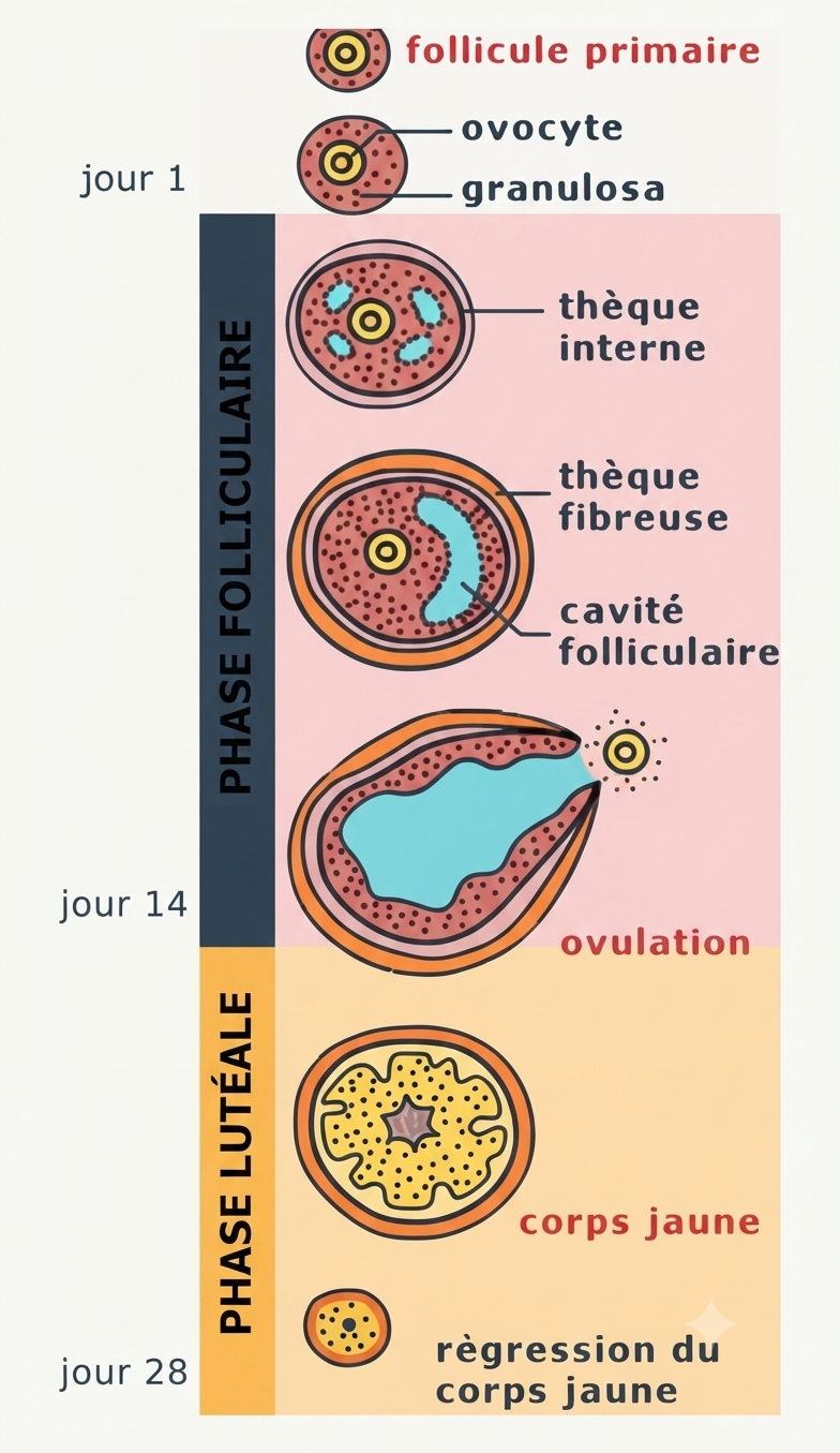 Phases du cycle menstruel et variations des œstrogènes et de la progestérone
