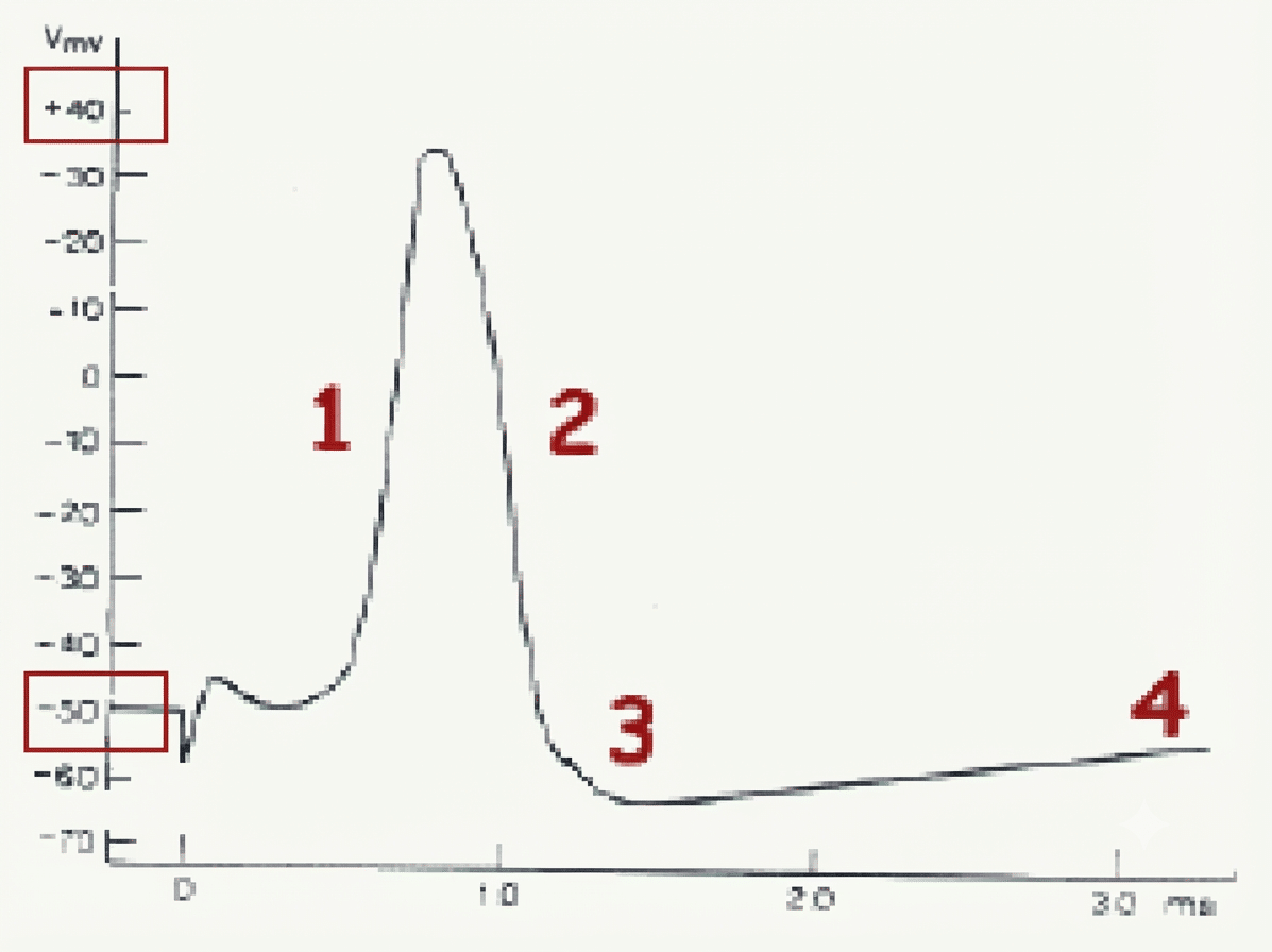 Courbe du potentiel d'action montrant dépolarisation, repolarisation et hyperpolarisation