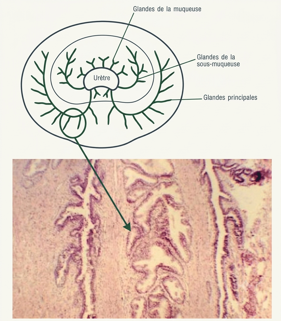 Prostate : glandes tubulo-alvéolaires concentriques autour de l'urètre, stroma conjonctivo-musculaire, sympexions de Robin