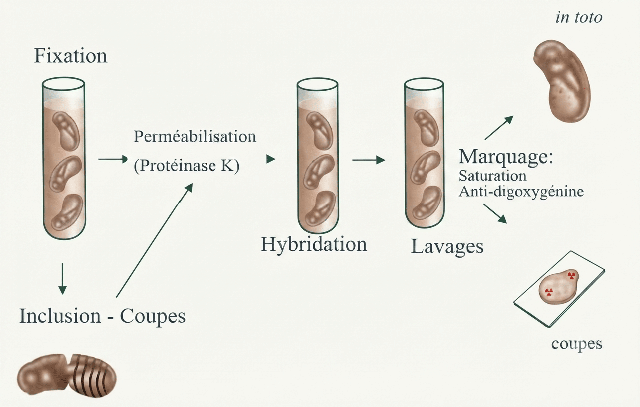 Protocole d'hybridation in situ : perméabilisation, hybridation, lavages, saturation, révélation