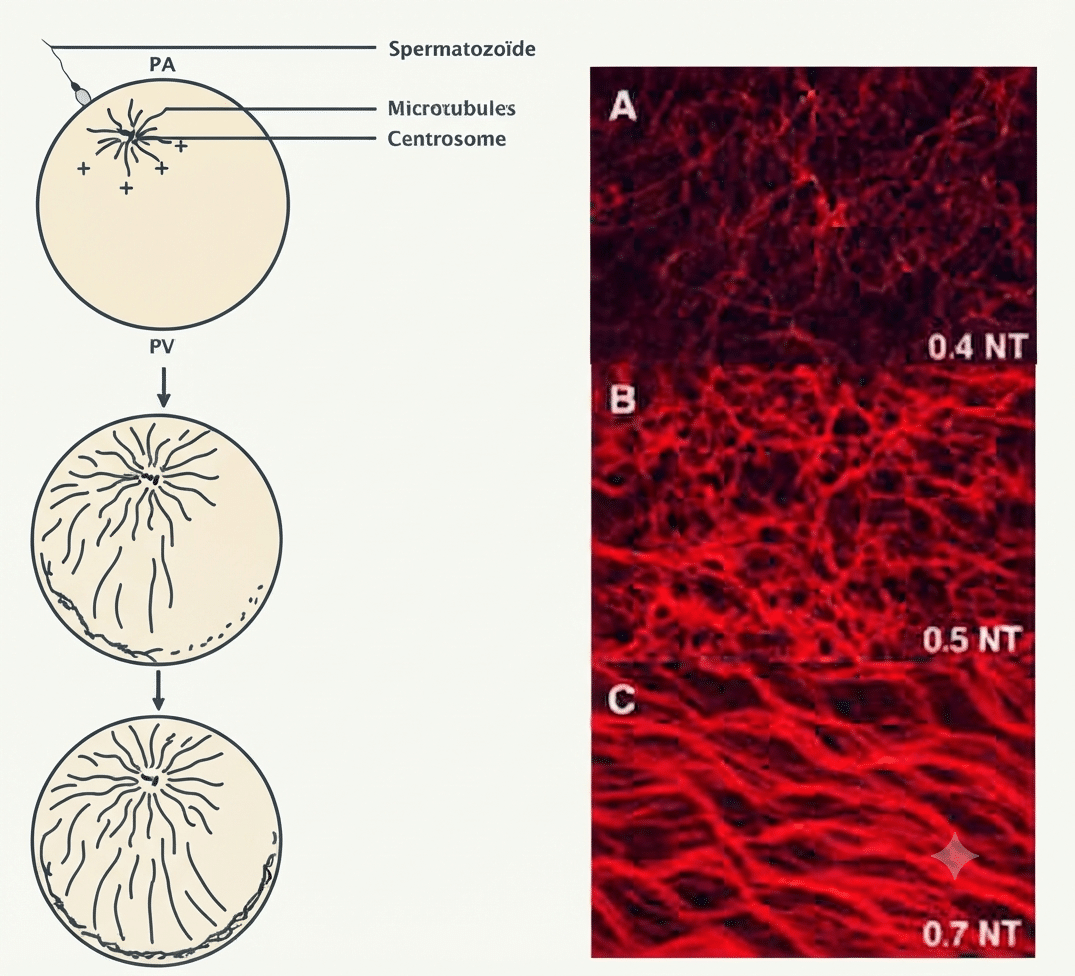 Réseau de microtubules du cortex de l'œuf après la fécondation (spermaster et faisceaux orientés)