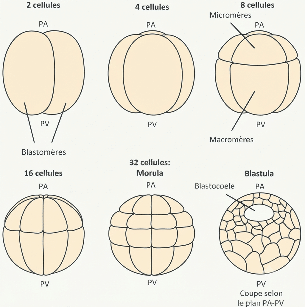Stades de segmentation du xénope : de l'œuf à 2 cellules jusqu'à la blastula (micromères, macromères)