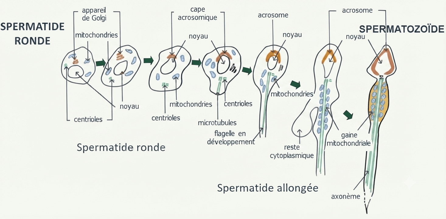 Transformations de la spermiogenèse : acrosome, condensation nucléaire, flagelle et réduction du cytoplasme