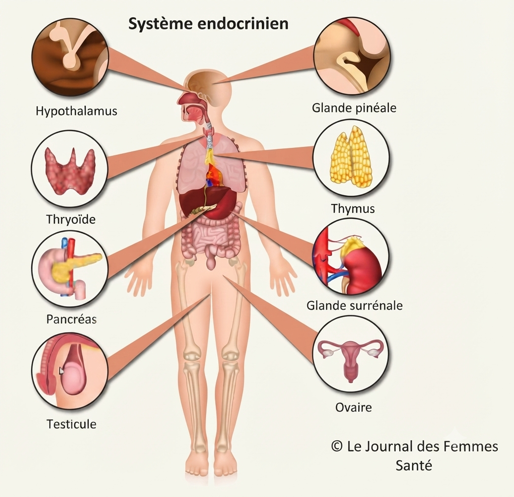 Le système endocrinien et ses principales glandes réparties dans le corps