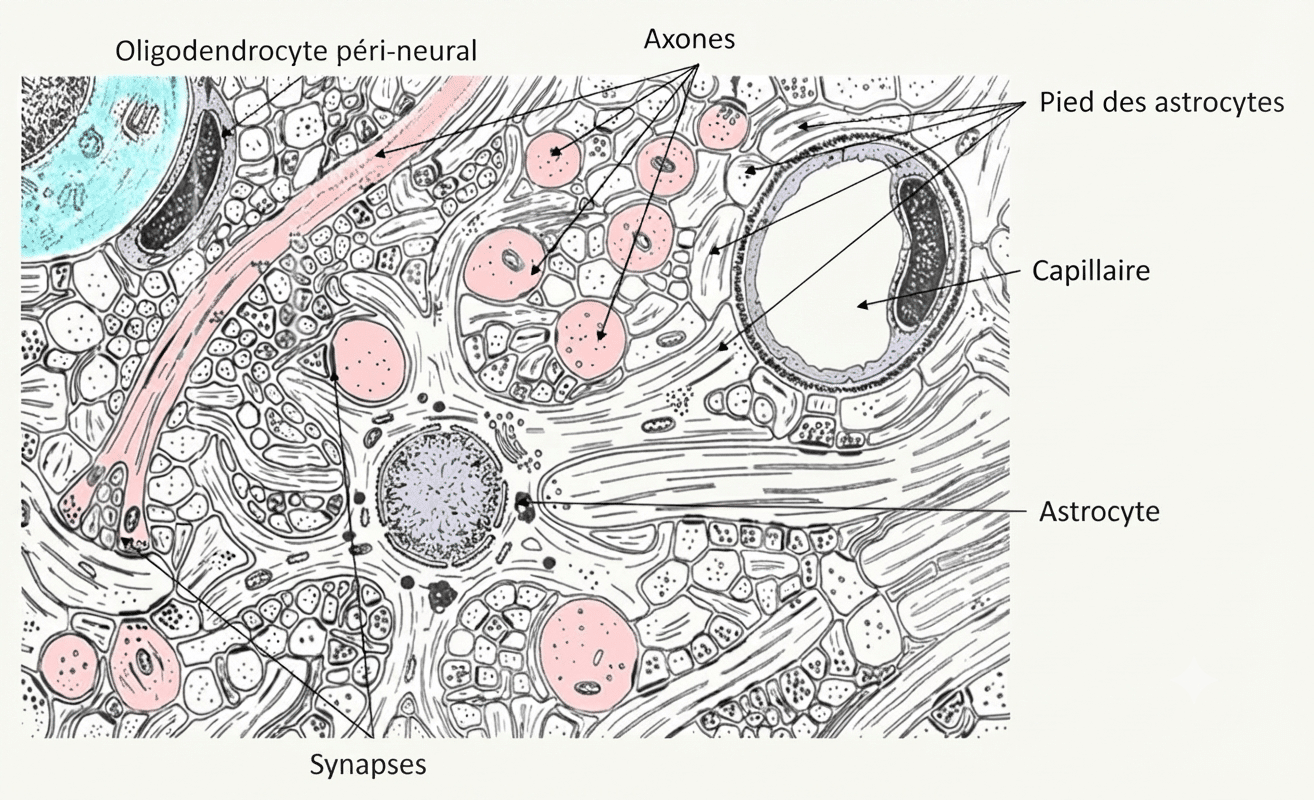 Organisation du tissu nerveux de la substance grise : neurones, astrocytes, oligodendrocytes et capillaires