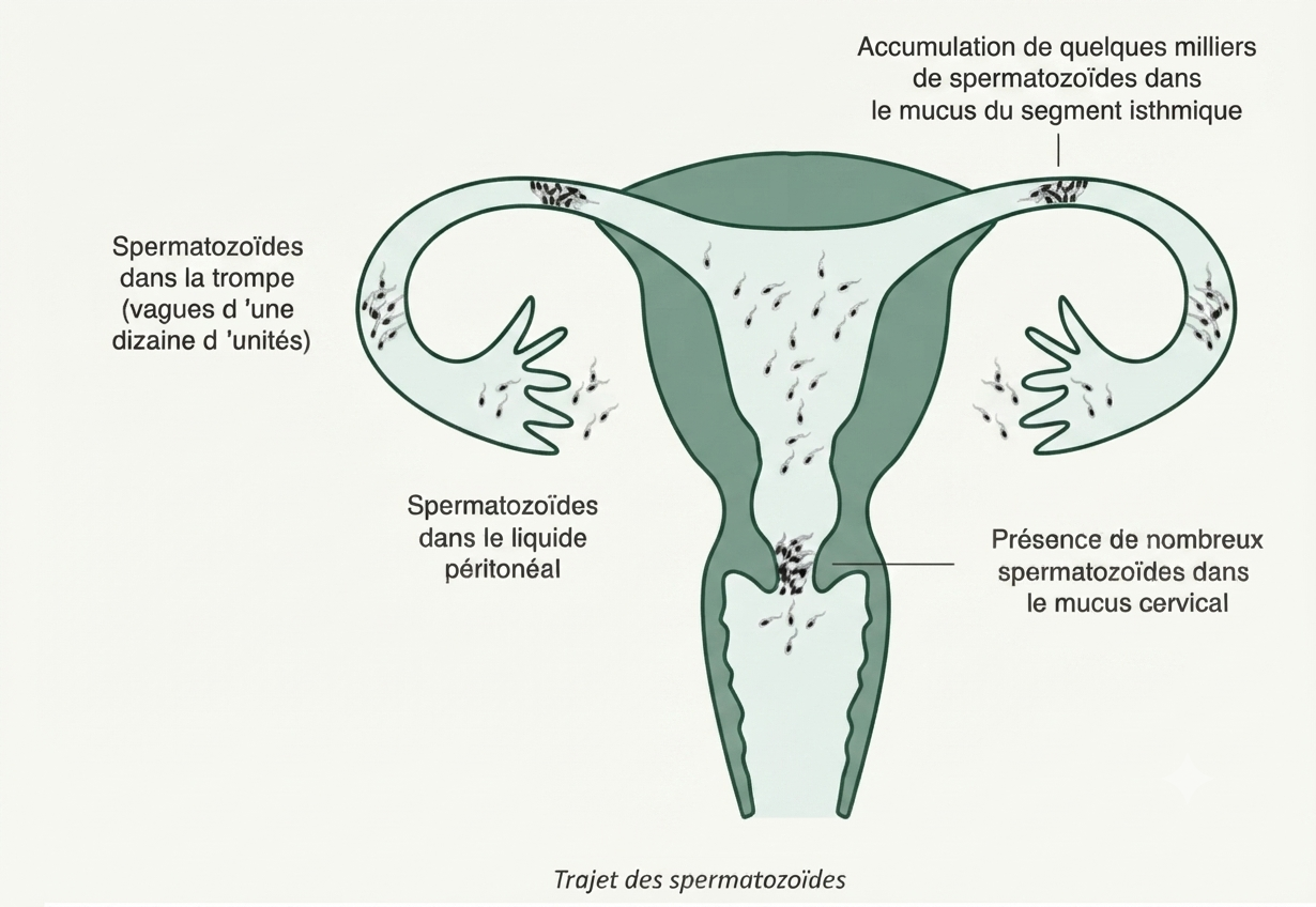Trajet des spermatozoïdes dans les voies génitales féminines, du vagin à l'ampoule