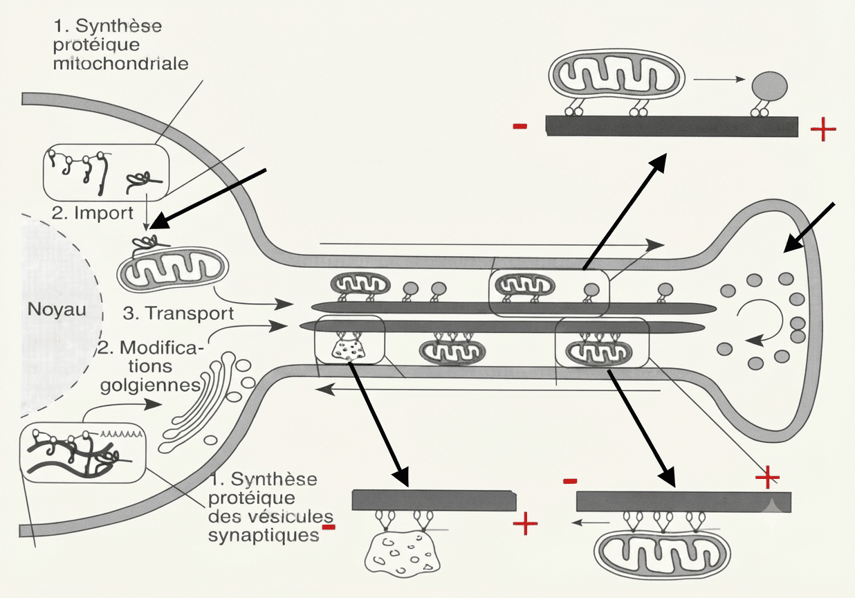 Transport axonal antérograde et rétrograde entre le corps cellulaire et la terminaison