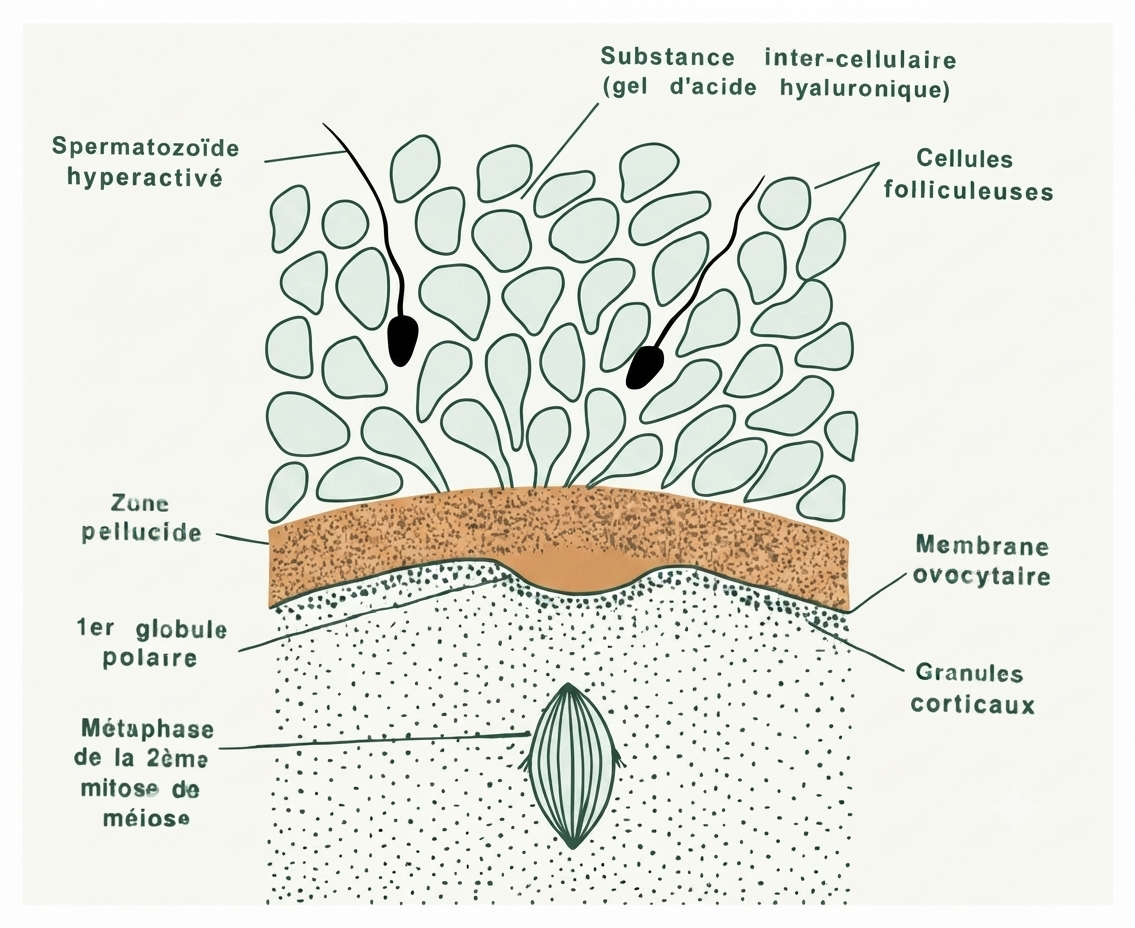 Spermatozoïde hyperactivé traversant le cumulus en digérant l'acide hyaluronique