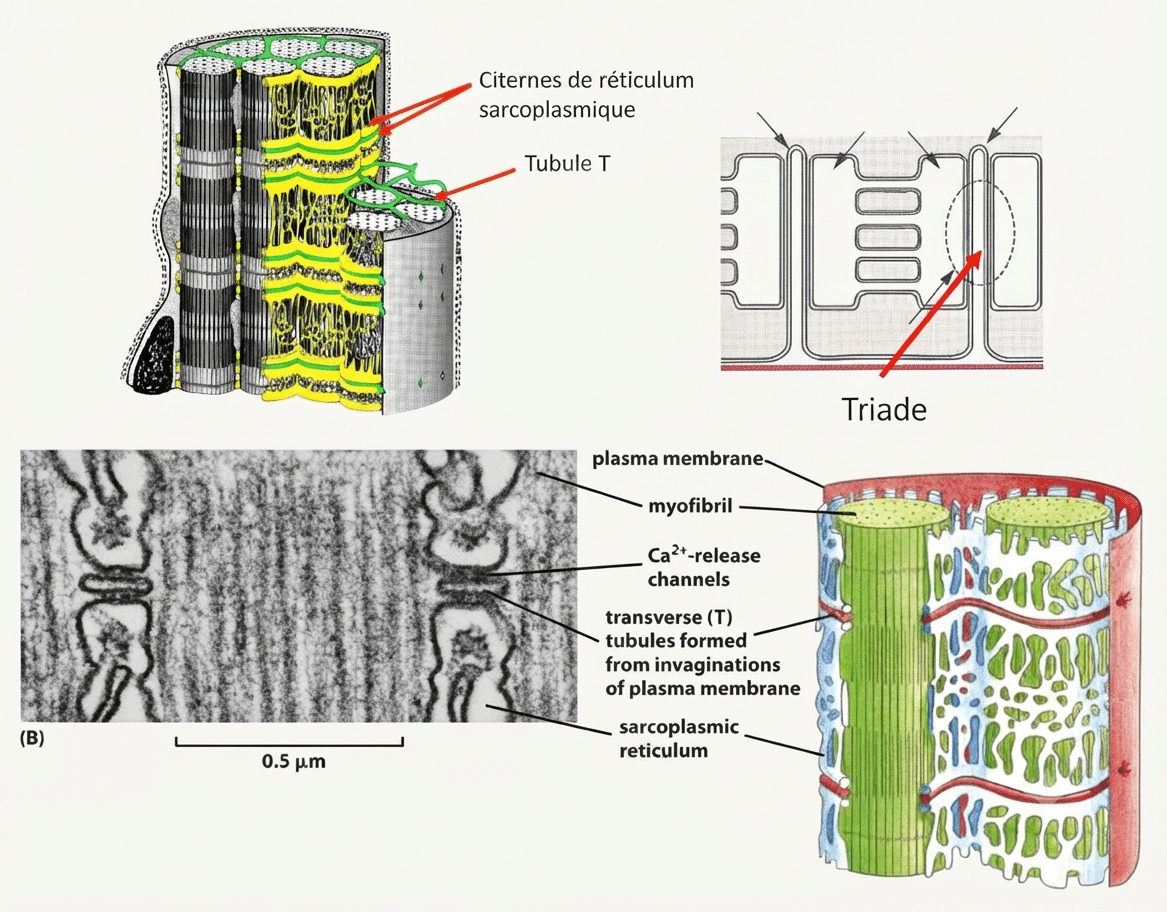 Triade du muscle strié : tubule T entouré de deux citernes du réticulum sarcoplasmique