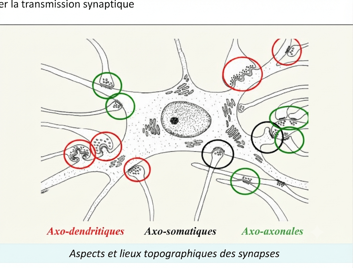 Types de synapses selon leur localisation : axo-dendritiques, axo-somatiques et axo-axonales