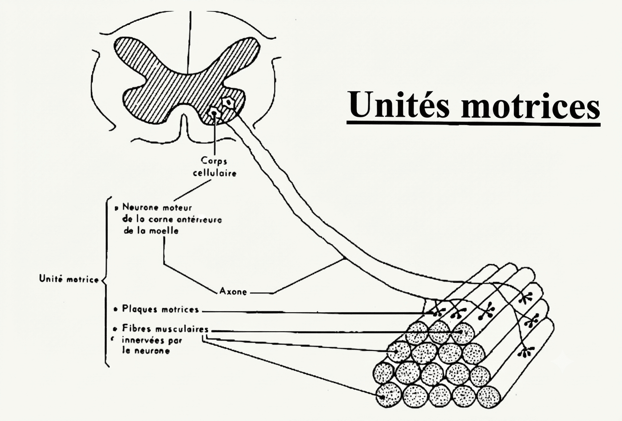 Unité motrice : un motoneurone et l'ensemble des fibres musculaires qu'il commande