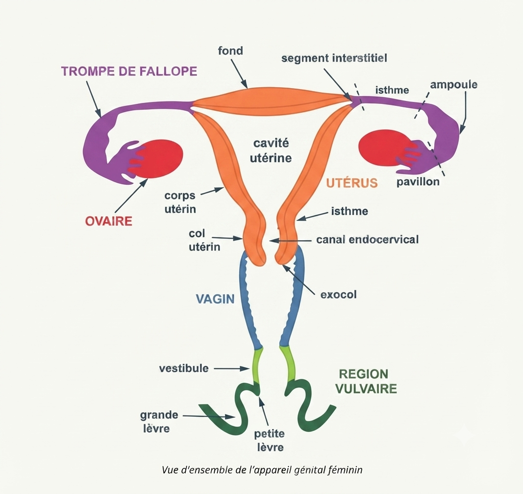 Vue d'ensemble de l'appareil génital féminin : ovaires, trompes, utérus, vagin, vulve