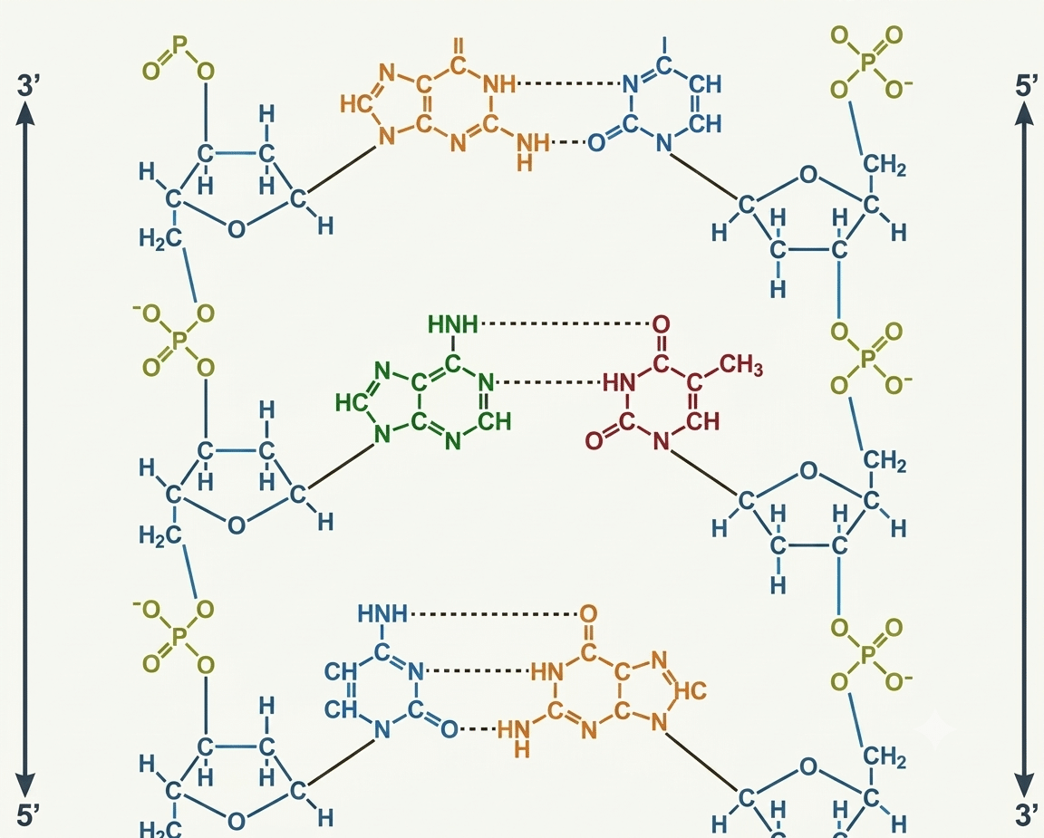 Structure de l'ADN en double hélice : brins antiparallèles et appariement des bases