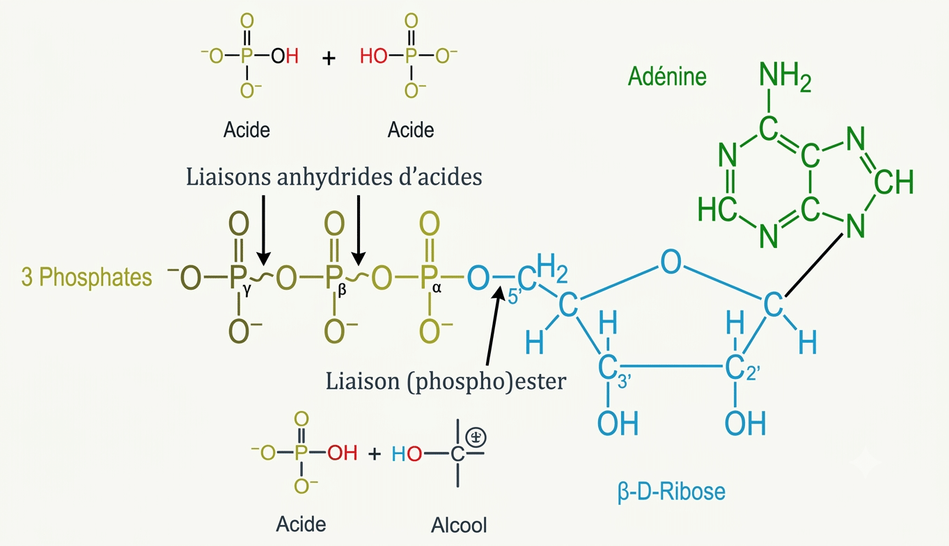 Structure de l'ATP : adénine, ribose et trois phosphates reliés par deux liaisons anhydride d'acide