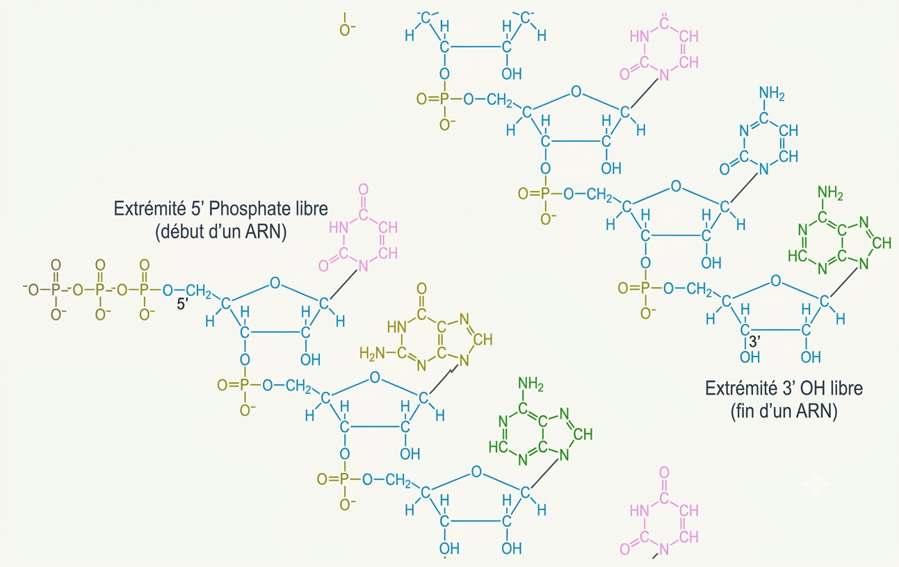 Brin d'ARN orienté 5'→3' : extrémité 5' phosphate et extrémité 3' OH