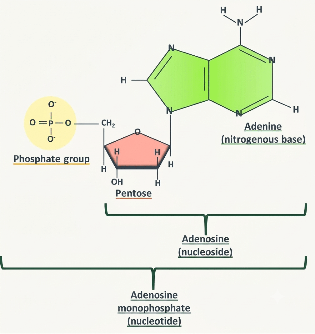 Structure d'un nucléotide (AMP) : phosphate, pentose et adénine reliés par leurs liaisons