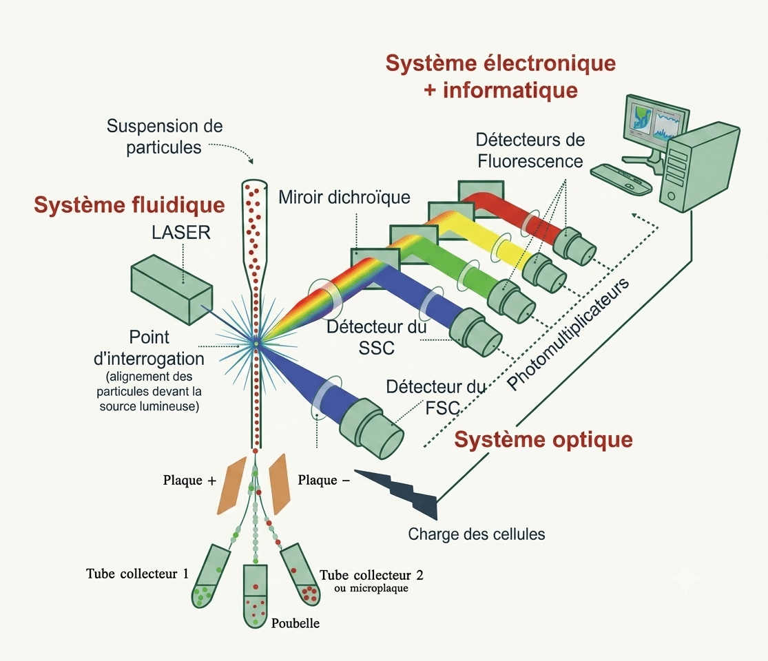 Tri cellulaire par FACS : les cellules d'intérêt sont chargées puis déviées électriquement vers un tube collecteur