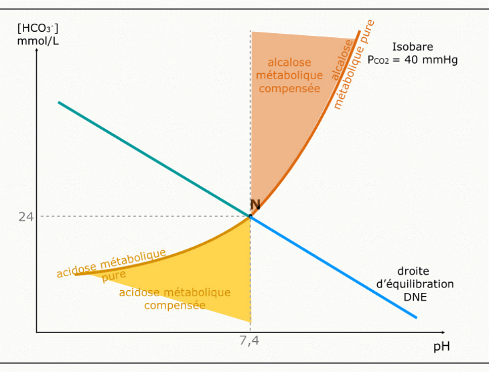 Acidose métabolique pure, compensée partiellement ou totalement, dans le diagramme de Davenport.