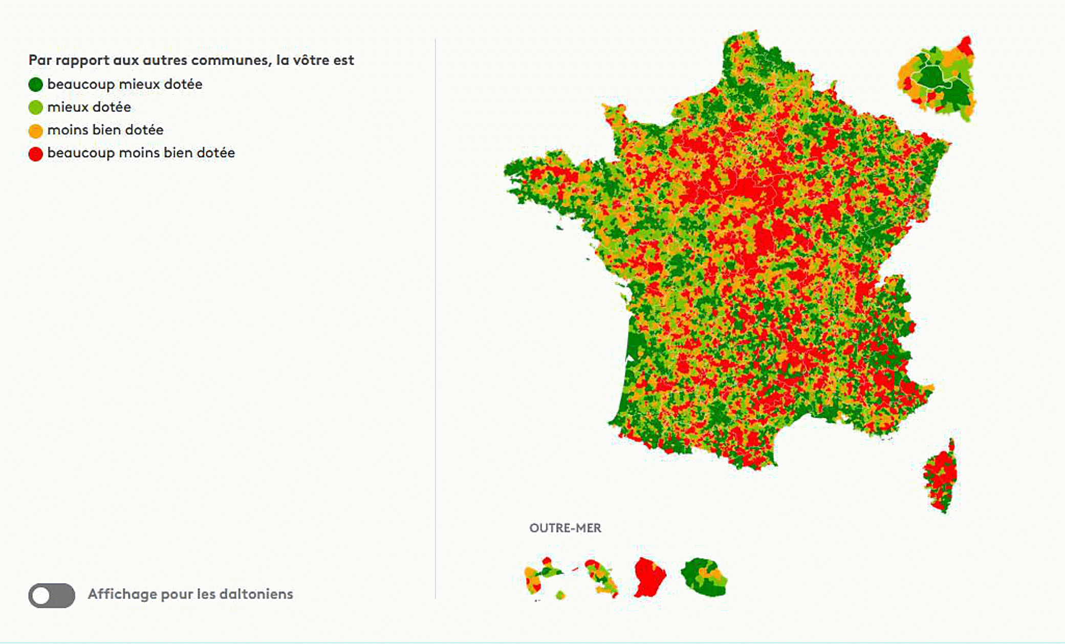 Carte de la densité des médecins généralistes en France par commune, avec zones bien dotées en Île-de-France et Sud-Est, et déserts médicaux en Bretagne et dans le Nord