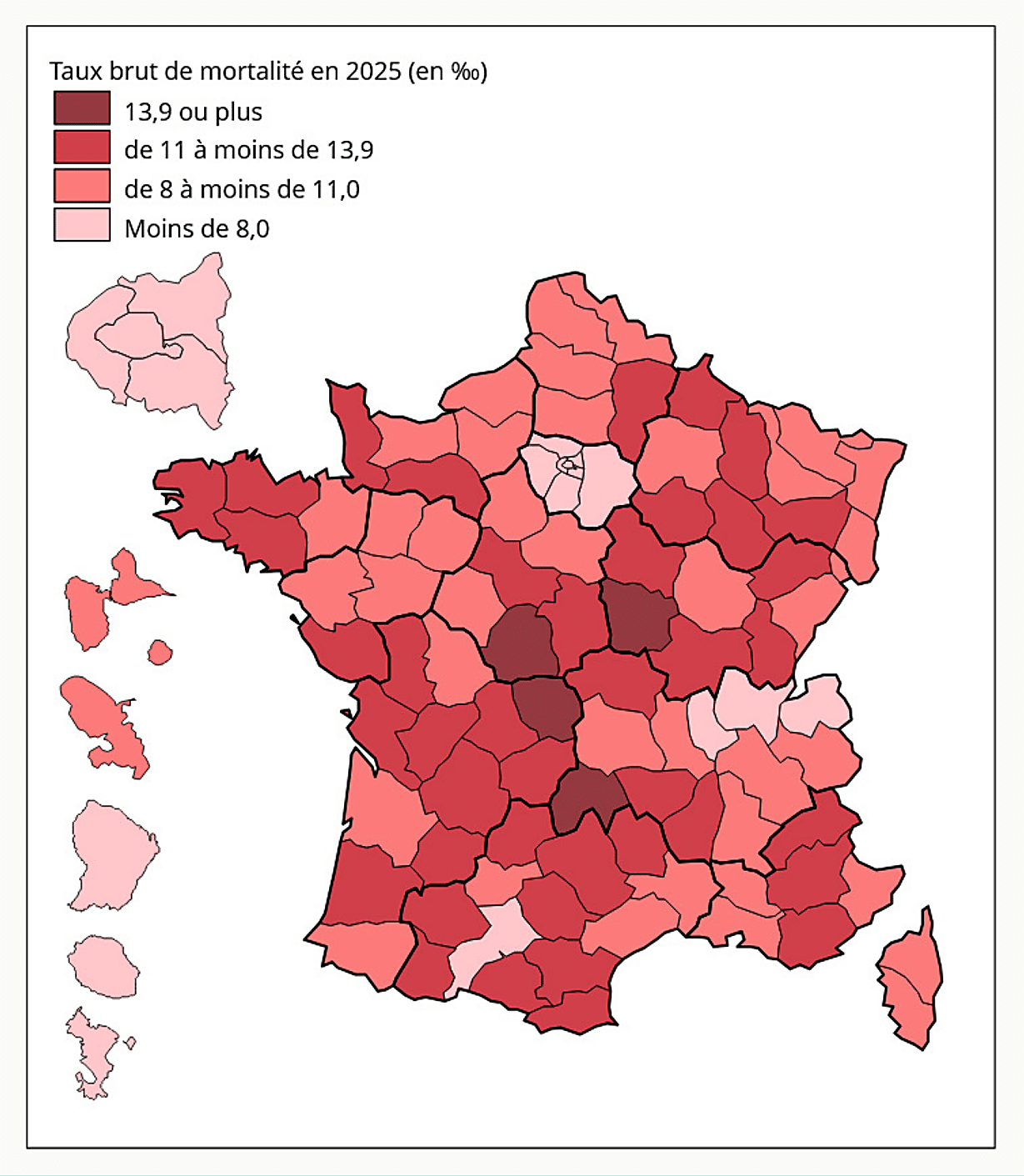 Carte départementale française du taux brut de mortalité en 2025 en pour mille, classé de moins de 8 à plus de 13,9