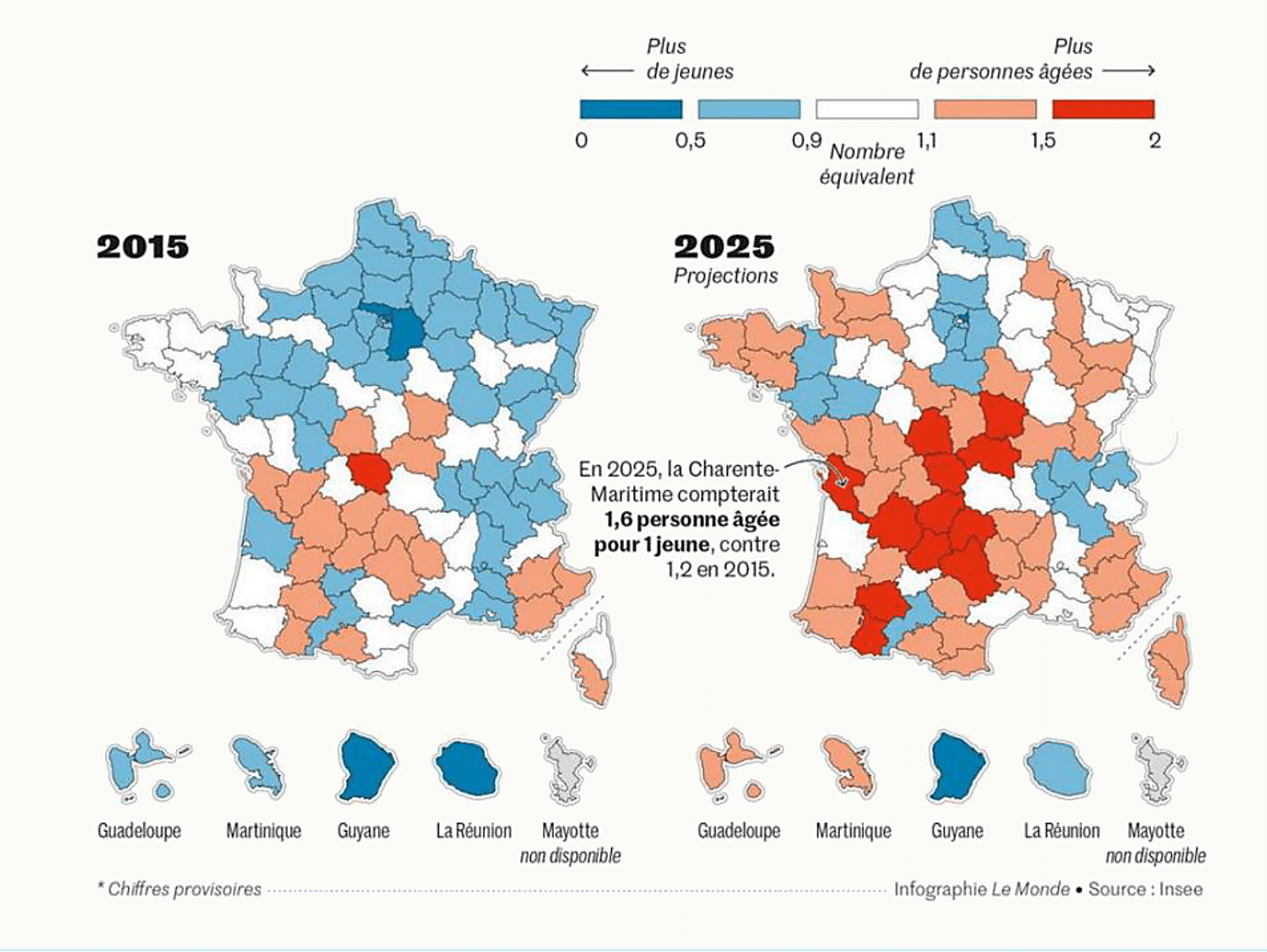 Deux cartes de France de la répartition départementale des personnes âgées en 2015 et 2025, avec un exemple à la Charente-Maritime affichant 1,8 personne âgée pour 1 jeune