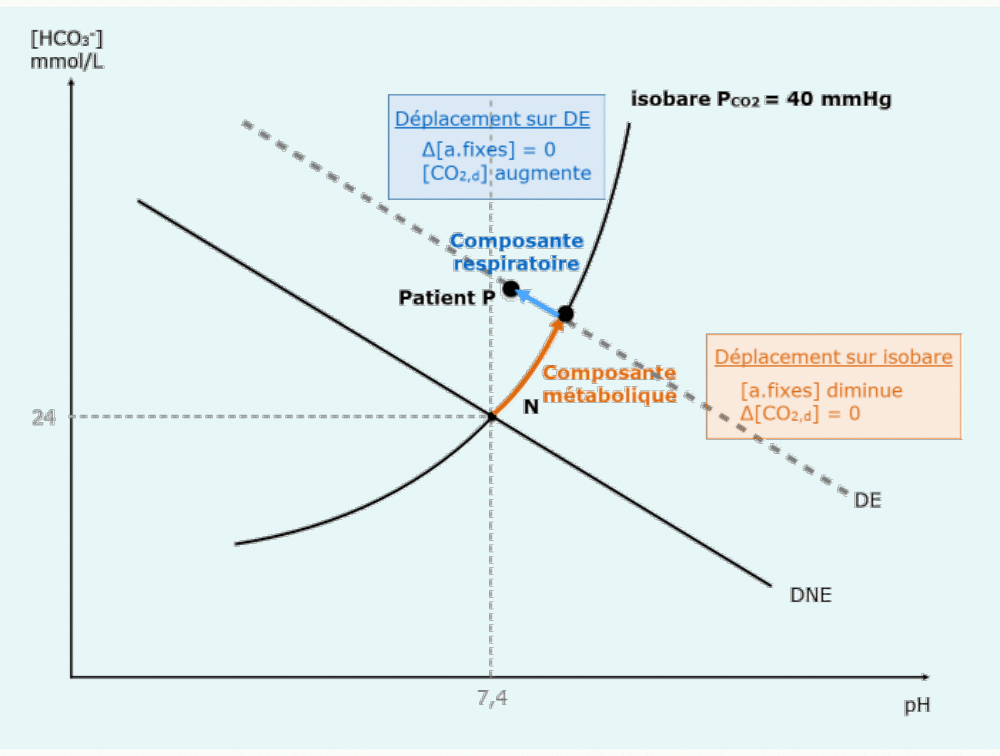 Cas clinique d'acidose analysé sur le diagramme de Davenport