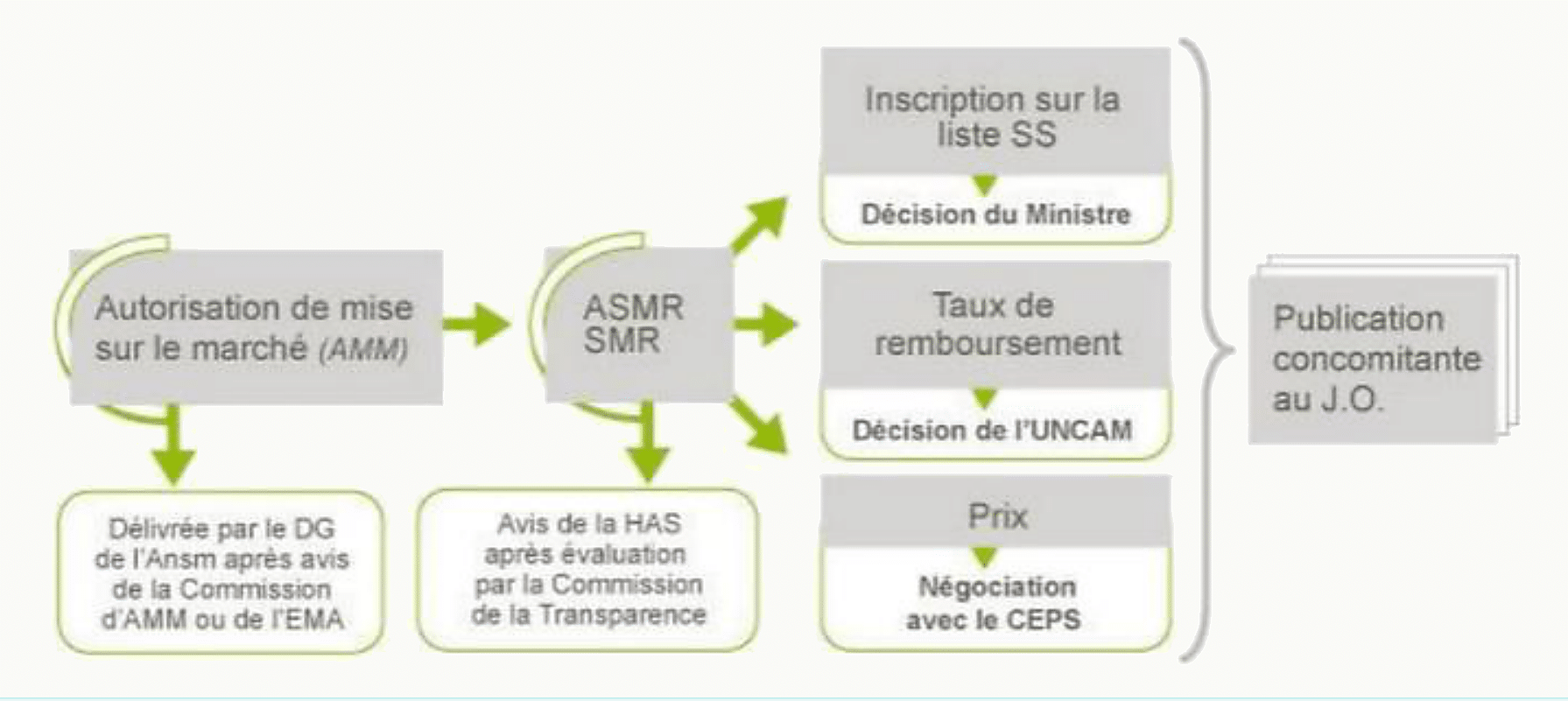 Schéma du circuit réglementaire des médicaments remboursables en ville : AMM ANSM, avis SMR et ASMR de la HAS, décision UNCAM sur le taux de remboursement, prix négocié avec le CEPS, inscription sur la liste Sécurité sociale, publication au Journal officiel