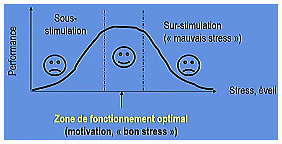 Courbe en U inversé avec en abscisse Stress/éveil, en ordonnée Performance ; trois zones : sous-stimulation, zone de fonctionnement optimal (motivation, bon stress), sur-stimulation (mauvais stress)