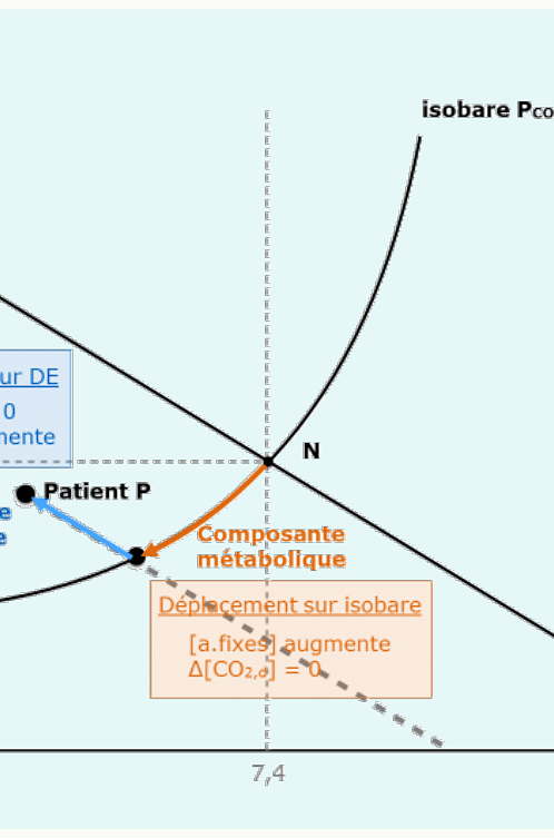 Déplacement du point patient sur le diagramme de Davenport : composante métabolique + composante respiratoire.