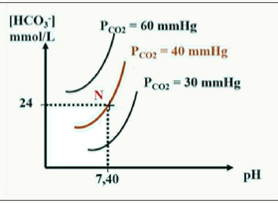 Diagramme de Davenport avec concentration de HCO3− en ordonnée et pH en abscisse, isobares de PCO2 à 40 et 60 mmHg, point normal N