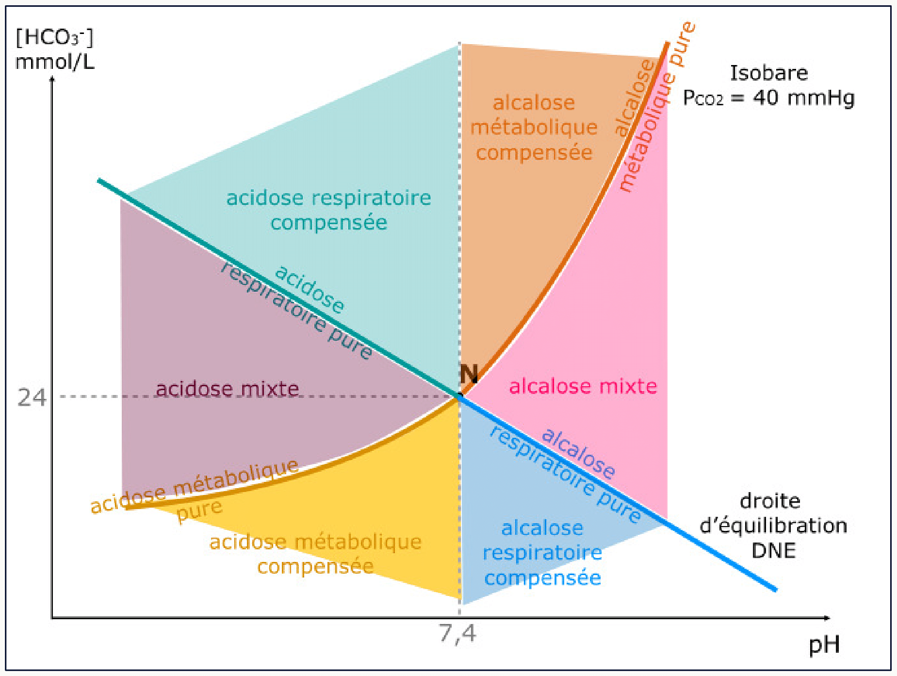 Quadrants du diagramme de Davenport : acidoses et alcaloses, respiratoires et métaboliques, avec compensations.