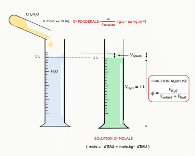 Illustration de la différence entre volume de solution et volume d'eau, avec les formules de concentration massique et de fraction aqueuse.
