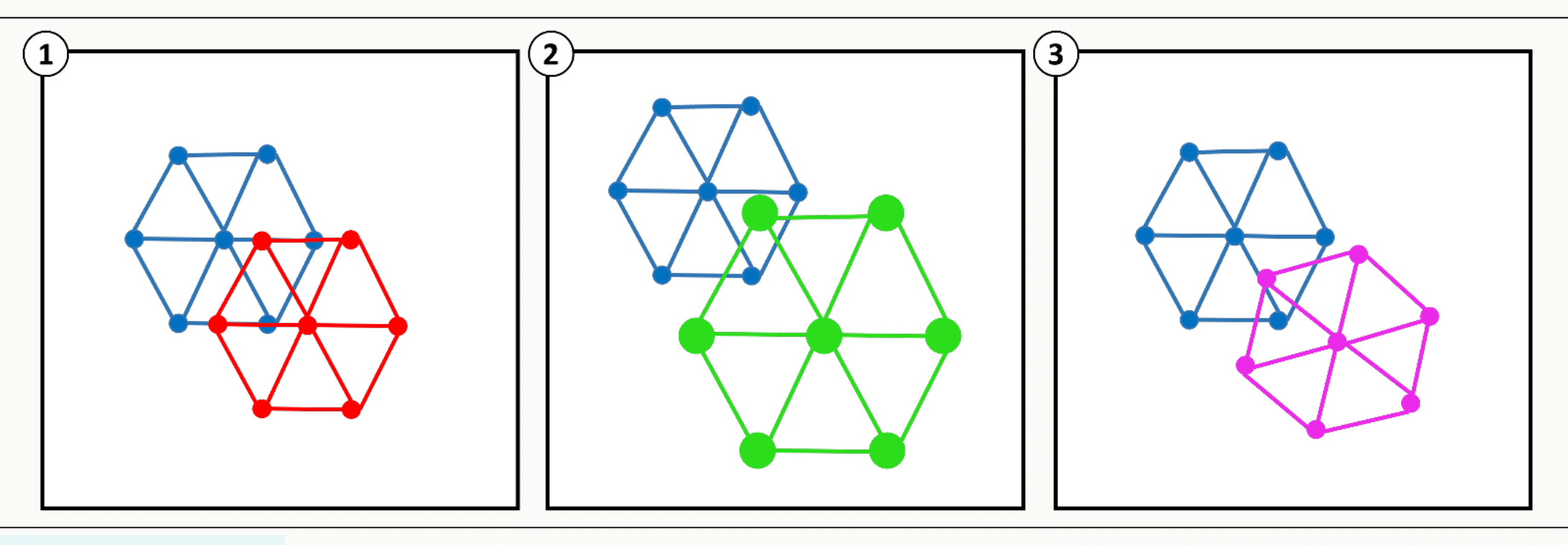 Trois échelles hexagonales successives des modules de cellules de grille.