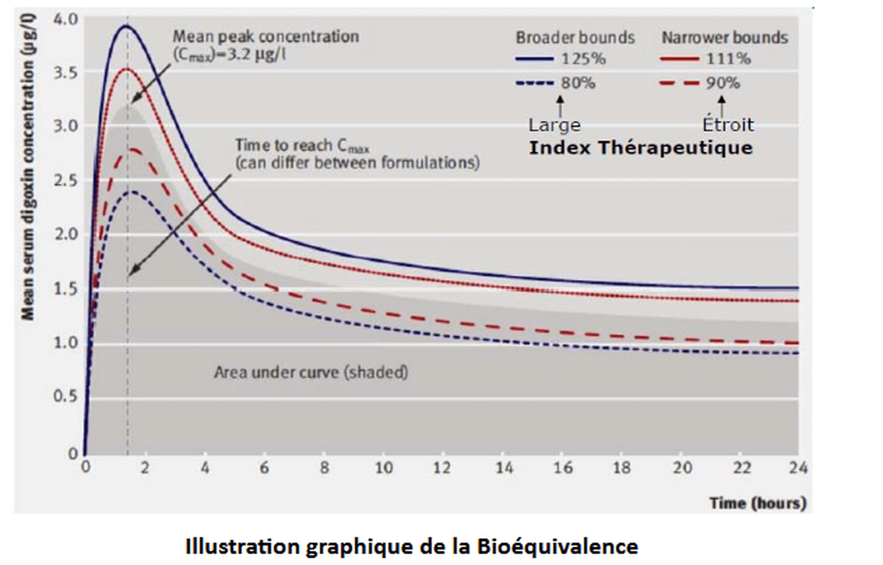 Courbes concentration plasmatique illustrant la bioéquivalence entre deux formulations