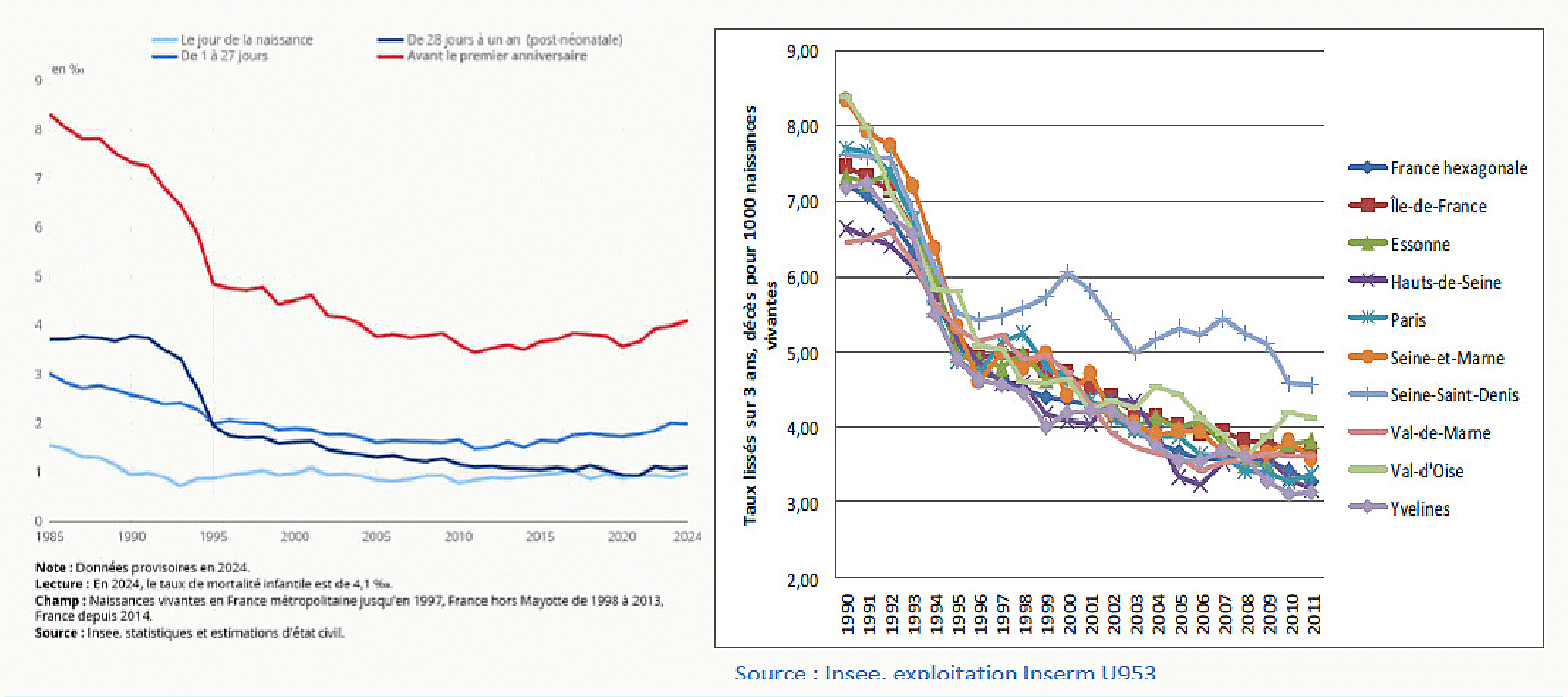Deux graphiques : évolution de la mortalité infantile en France de 1985 à 2024 (chute vers 4 pour mille) et comparaison par département d'Île-de-France, la Seine-Saint-Denis se détachant nettement au-dessus des autres.