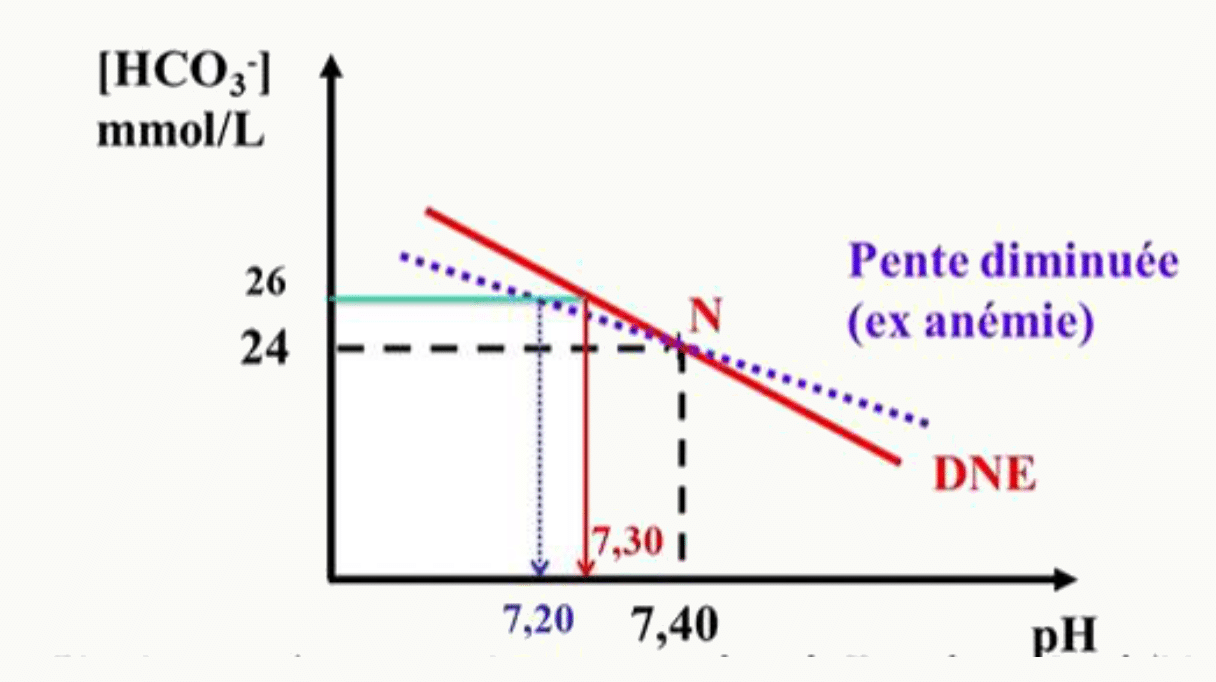 Diagramme de Davenport montrant une pente diminuée de la droite tampon en cas d'anémie