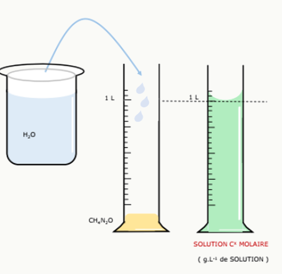 Préparation d'une solution molaire par pesée du soluté et complément à 1 litre dans un cylindre gradué.