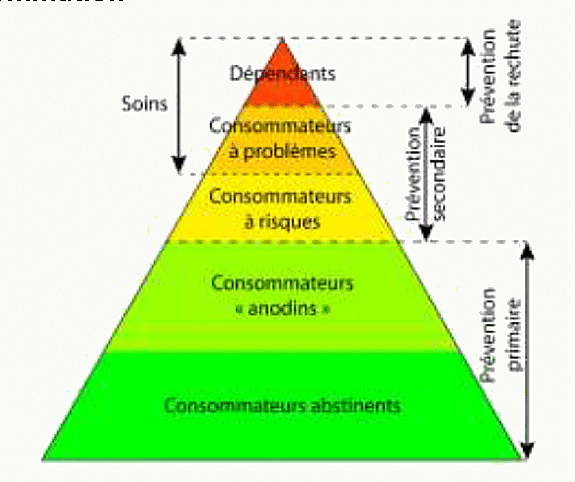 Pyramide de Skinner classant les niveaux de consommation d'alcool : consommateurs abstinents, anodins, à risques, à problèmes, dépendants, avec les paliers de prévention primaire, secondaire et prévention de la rechute