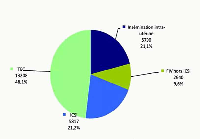 Diagramme camembert montrant la répartition des tentatives d'AMP en France en 2023 selon la technique employée : insémination intra-utérine, FIV hors ICSI, ICSI et décongélation d'embryons.