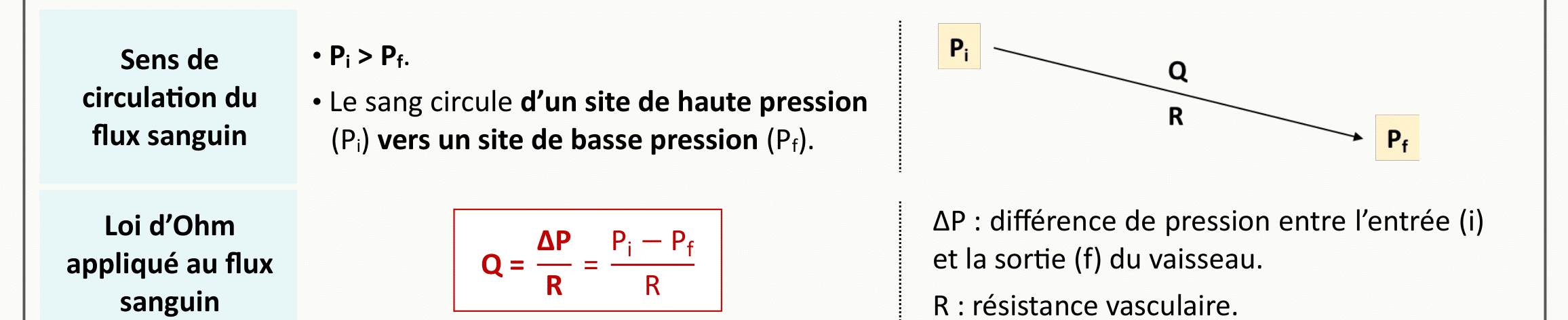 Schéma de la relation entre pression initiale (Pi), débit (Q) et résistance (R) avec la formule ΔP = Q × R, illustrant la loi de Poiseuille appliquée à la circulation.